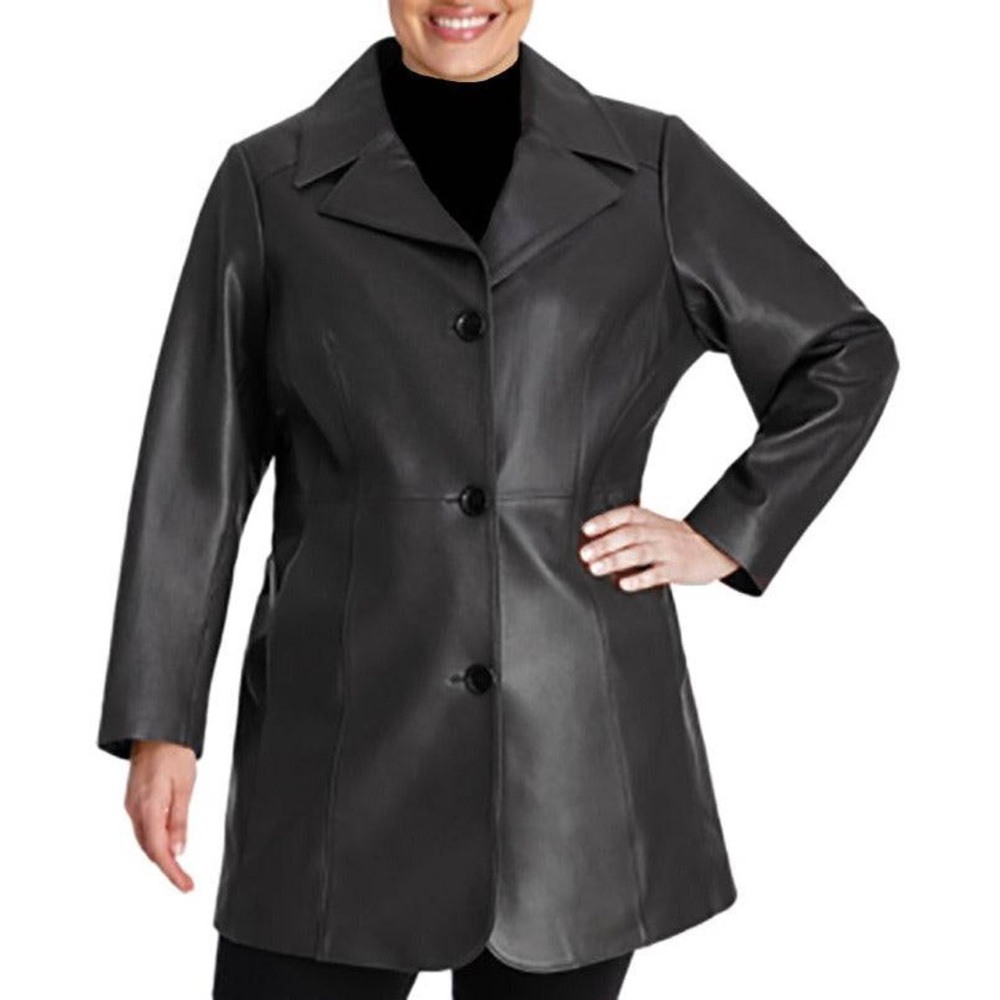 ANNE KLEIN Women's Black Leather Coat